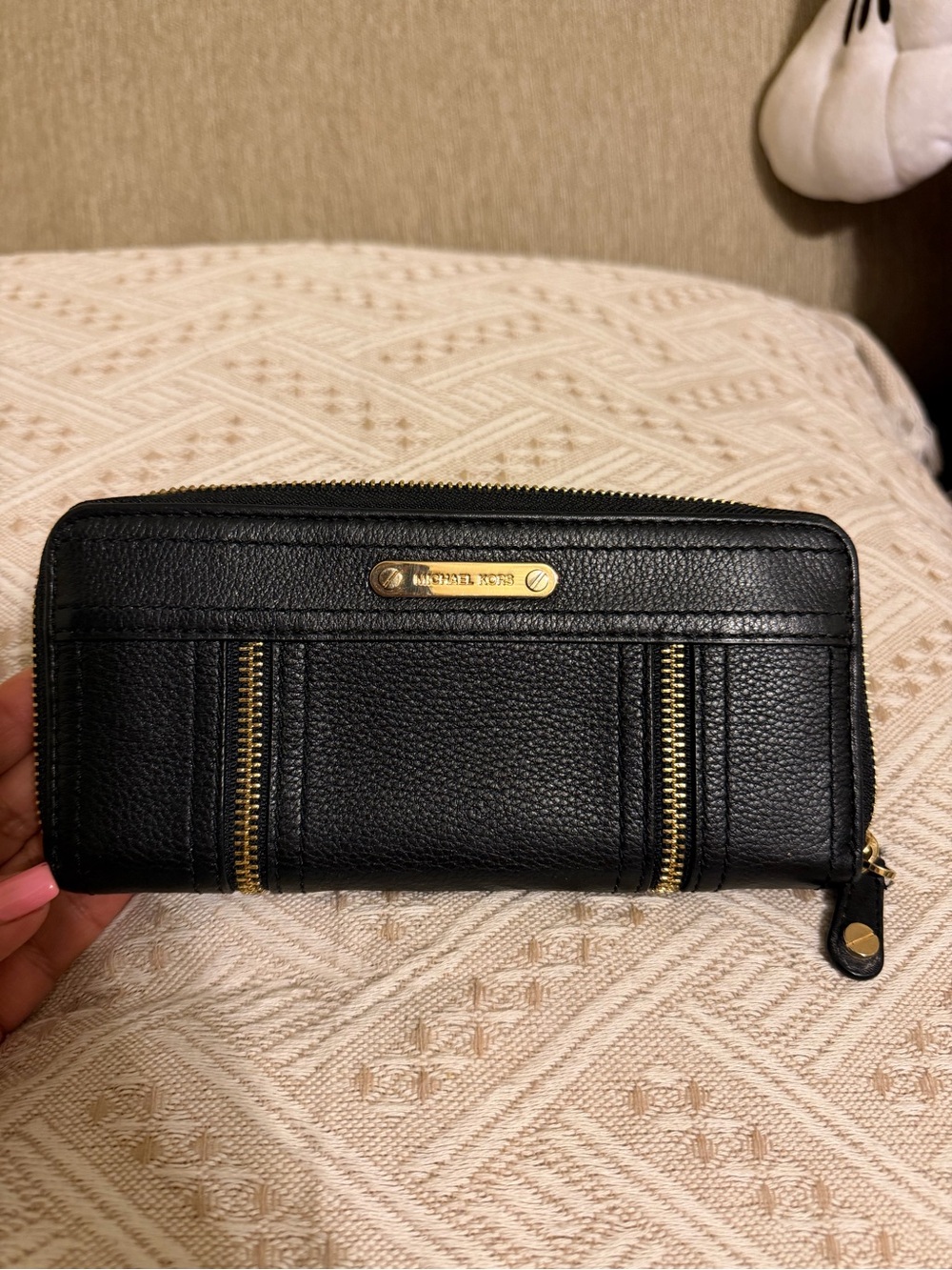 Michael Kors Black Pebbled Leather Zip Wallet with Gold Accents
